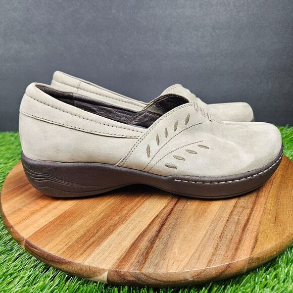 Dansko Abigail Shoes Womens EU 38 US 8.5-9 Taupe Nubuck Leather Slip On Clogs - Picture 1 of 12